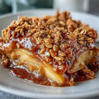 Warm Father's Day Whiskey Caramel Apple Crisp with bourbon-infused apples.