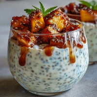 Creamy Skyr Protein Chia Pudding with vibrant mango swirls and fresh fruit.