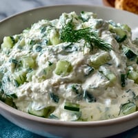 Creamy Skyr Tzatziki Dip with fresh cucumber and dill, perfect for dipping.